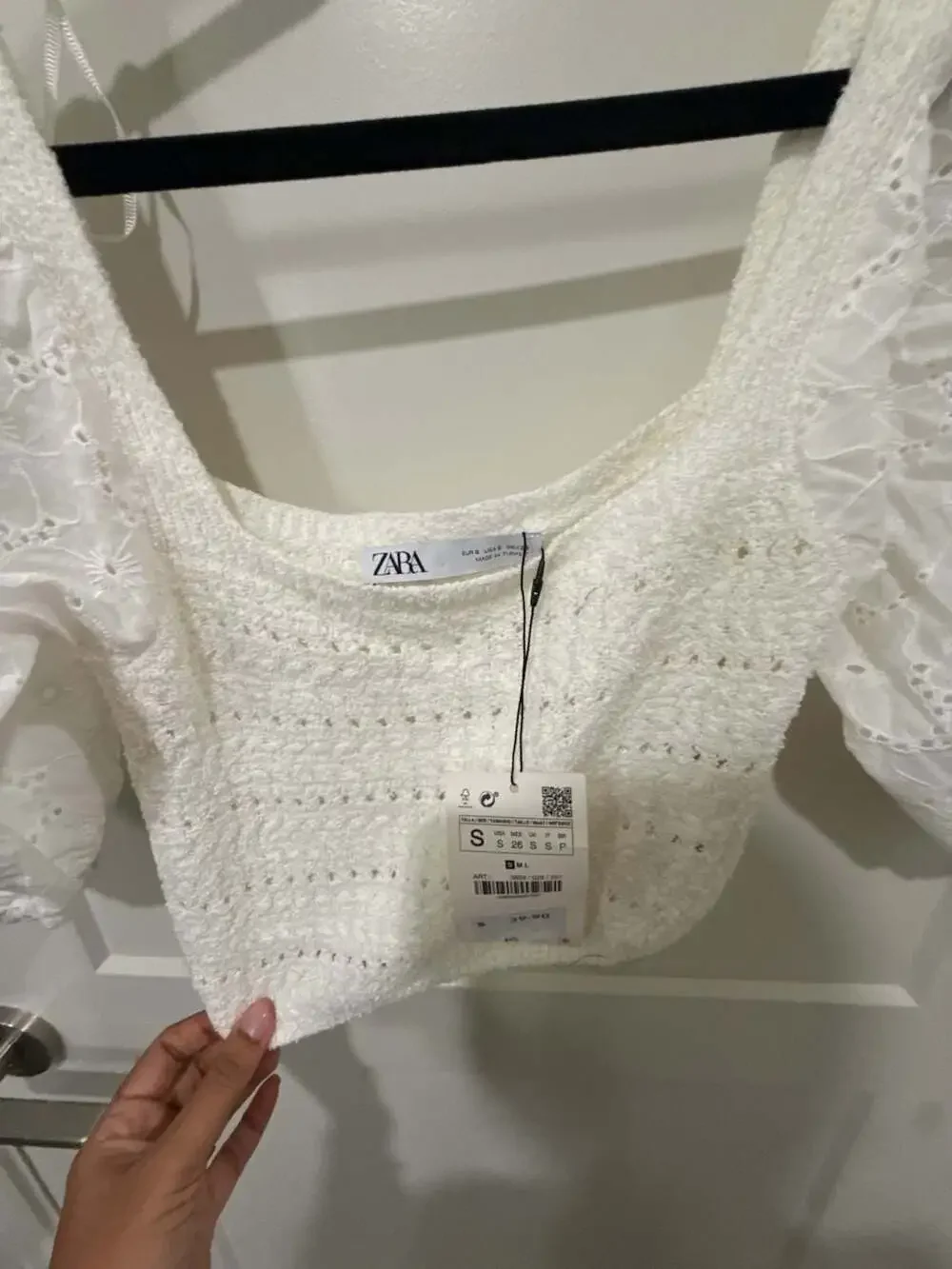 Zara Contrast Knit Eyelet Puff Sleeve Square Neck Crop Top White Small